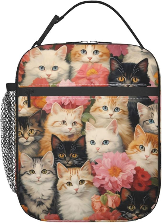 Reusable Floral Cat Lunch Box for Kids, Insulated Cute Kitten Flower Bag,Polyester Cooler Pet Lovers Handbags Case for School Work Picnic Travel Beach or Hiking, Gifts
