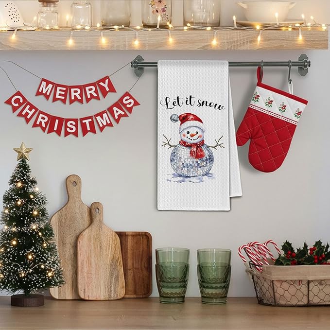 Christmas Disco Ball Snowman Kitchen Towels, Winter Christmas Dish Towels Drying Cloth for Kitchen, Let It Snow Holiday Xmas Snowman Decorative Hand Towel for Bathroom, 16x24 Inch
