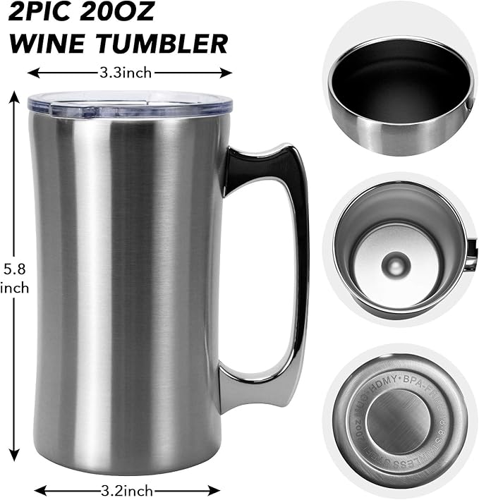 Stainless Steel Double Walled Mugs 20 oz Metal Coffee & Tea &Wine Cup Mug Insulated Cups with Handles Keep Drinks Cold or Hot Longer（Double）