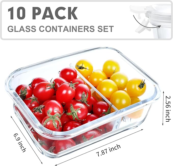 VERONES 10 Pack Glass Meal Prep Containers 2 Compartment Set, 30 OZ Airtight Glass Lunch Containers, Food Storage Containers with Lids, for Microwave, Oven, Freezer & Dishwasher Friendly，White