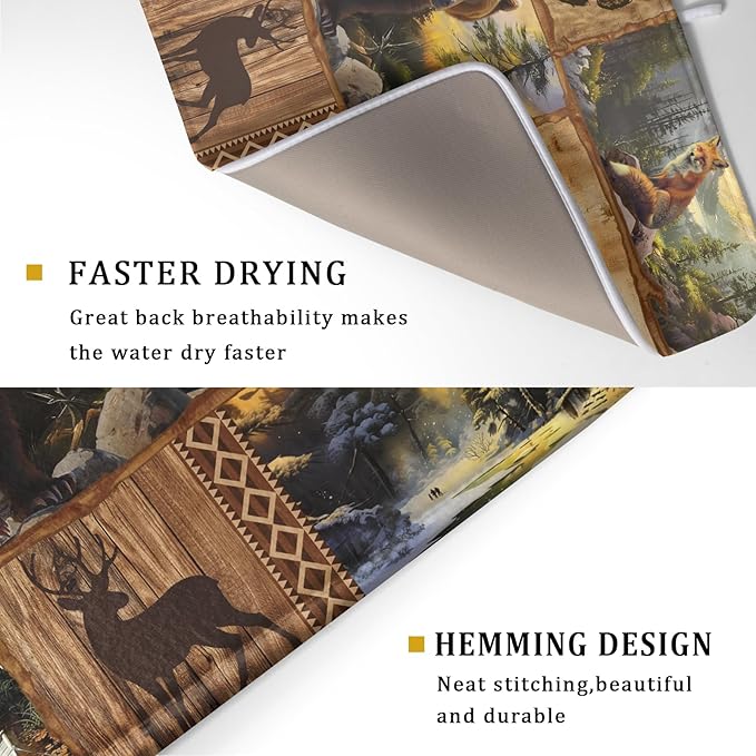 Bear Deer Fox Dish Drying Mat Rustic Cabin Lodge Dish Drainer Mats 18x24 Inch Absorbent Washable Dishes Rack Pad for Sink Kitchen Counter