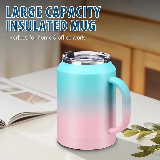 Insulated Tumbler with Lid and Straw - 50 oz Coffee Mugs w/Handle, Silicone Water Bottle Boot, Wide Mouth Stainless Steel Large Flask Jug, Office Home Work Travel Cup Keep Cold 36 Hrs