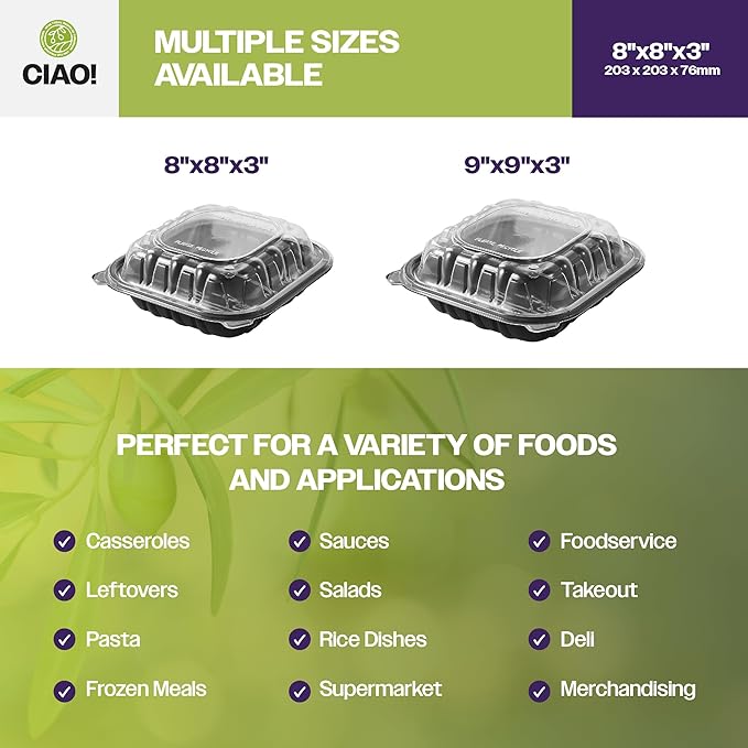 CIAO! 8"x8"x3" Polypropylene Black bottom with Clear Lid Hinged Container 3 Compartment Take Out Container, Microwavable, Recyclable and Reusable, (Case of 150)