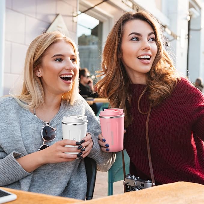 Sieral 4 Pcs 13 oz Travel Coffee Mug Insulated Reusable Coffee Cups with Leakproof Lid Stainless Steel Portable Tumbler for Keep Hot or Ice Milk Tea(Black, White, Pink, Green)