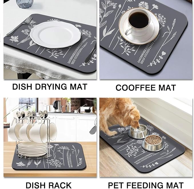 Rubber Dish Drying Mat for Kitchen Counter Large Grey Washable Quick Home Coffee Pad Fit Under Sink,Bar,Utensils or Stemware (24x18in)