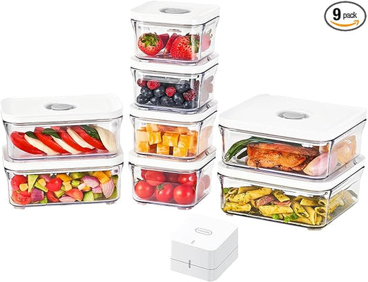 VAKUEN Premium Airtight Food Storage Containers, Mini 9P/SET include Vacuum Sealer, Smart One-Click Seal Lid, No Hinges, 100% Leak Proof, BPA-FREE, Dishwasher, Freezer & Microwave Safe