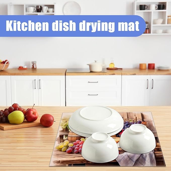 Vintage Red Wine Grape Dish Drying Mat for Kitchen Counter Drying Pad Absorbent Reversible Dish Drainer Rack Mats Draining Pad 18"x24"Inch