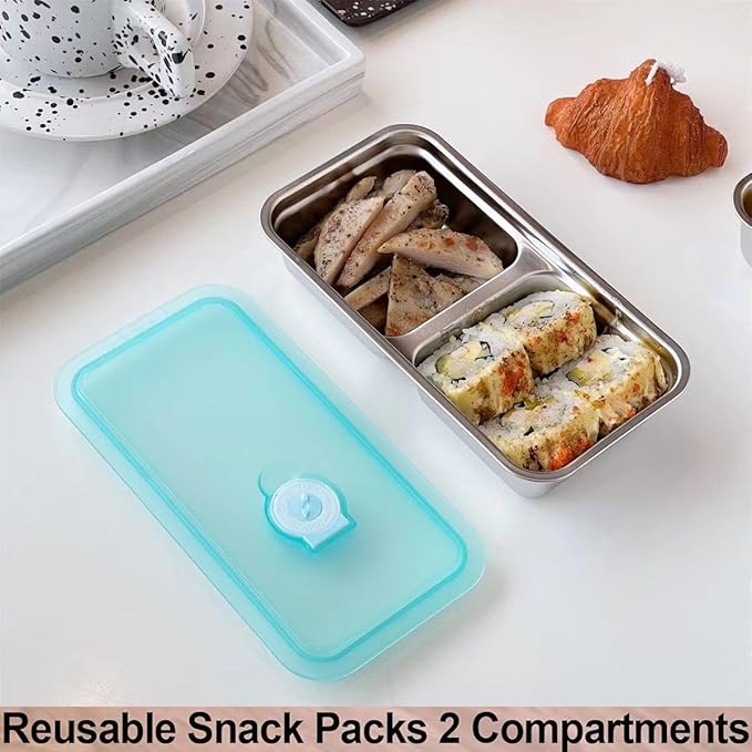 2PCS Snack Containers with Lids, Stainless Steel Snack Container, Double Compartment Grab and Go Snack Containers for Travel and Outdoor