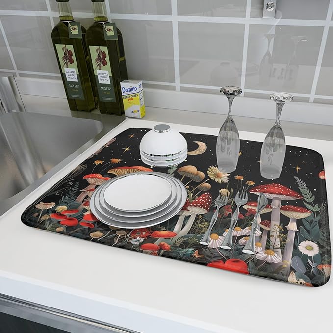 Black Mushroom Dish Drying Mat for Kitchen Counter Leaves Botanical Microfiber Dish Rack Mat Drainer Pad Washable Absorbent Dry Mat 18×24 Inch