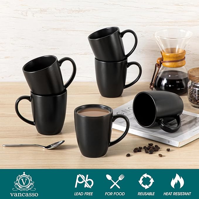 vancasso PLAYA Ceramic Coffee Mug Set of 6, 12 Oz Tea Cups with Handle for Latte, Tea, Cappuccino, Milk, Cocoa, Microwave&Dishwasher Safe, Black