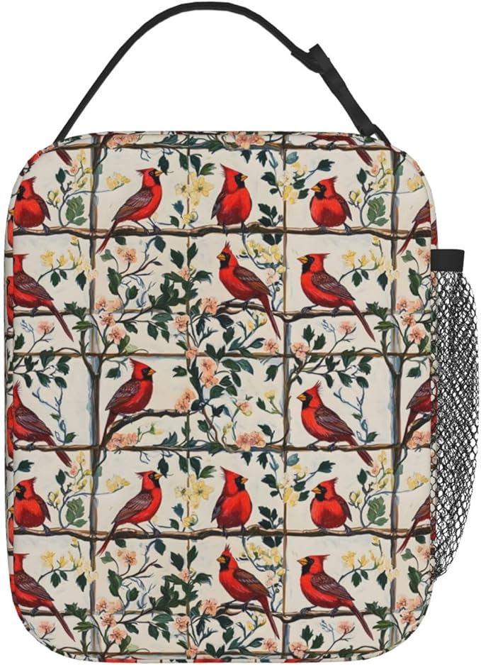 Cardinal Lunch Bag, Polyester Tote Bags with Bird Floral and Branch, Insulated Lunchbox, Portable Lunchbag Nature Decor Gifts for Work, Picnic, School, Travel, Hiking, Beach or Fishing