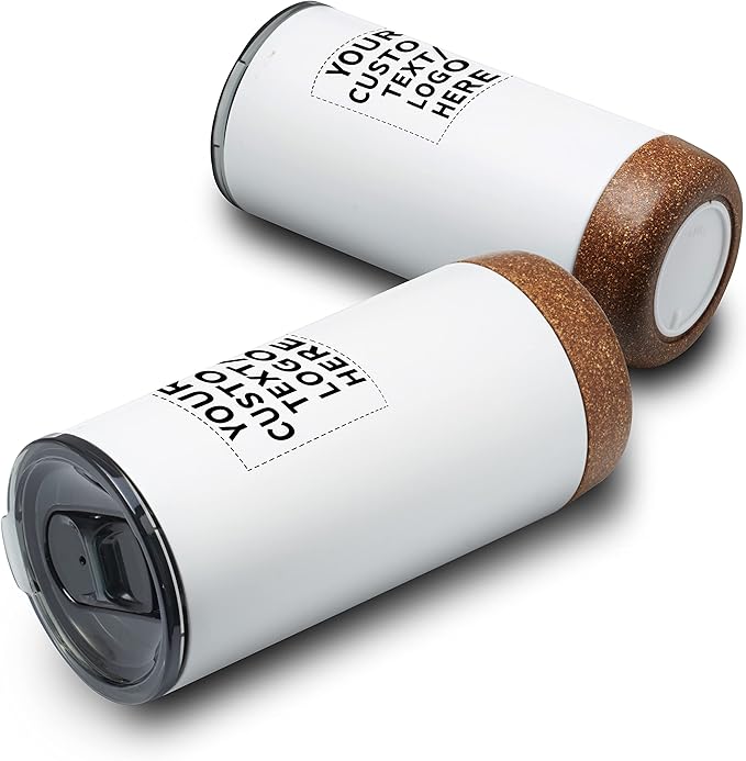 DISCOUNT PROMOS Custom Travel Tumblers with Cork Bottom 16 oz. Set of 1, Personalized Bulk Pack - Double Wall Insulated, Matte Finish, Perfect for Iced Coffee, Soda, Other Beverages - White