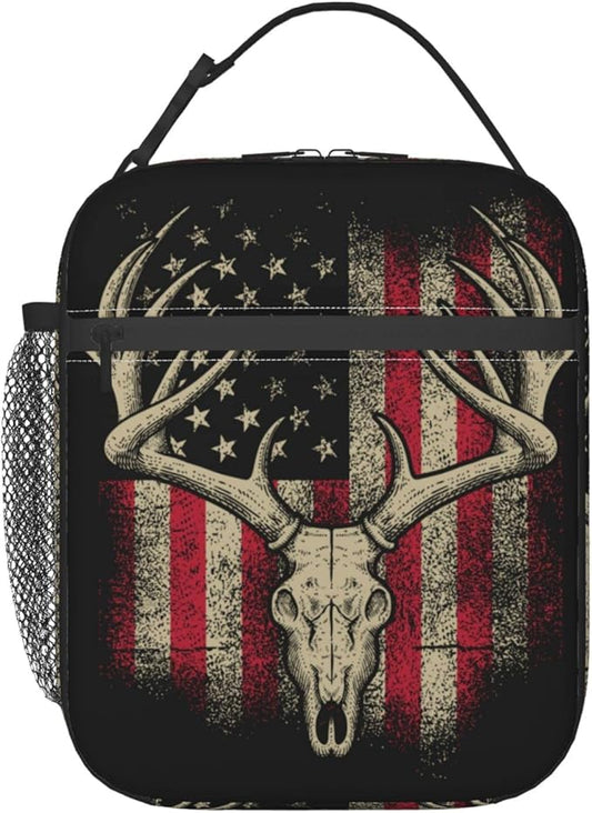 Patriotic American Flag Deer Head Skull Insulated Lunch Box Portable Lunch Bag with Detachable Handle,Reusable Lunchbox for Boys Girls Men Women (Mrlunchbag-2302)