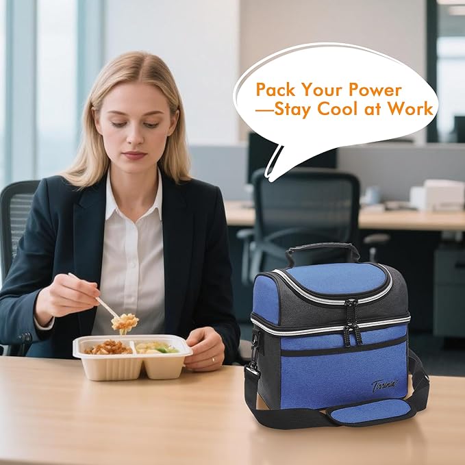 Tirrinia Reusable Lunch Box for Men Women, Insulated Lunch Bag Adult Work, Double Decker Leakproof Lunchbox for Office Picnic Beach—Dual Compartment Lunch Cooler Bag,Blue