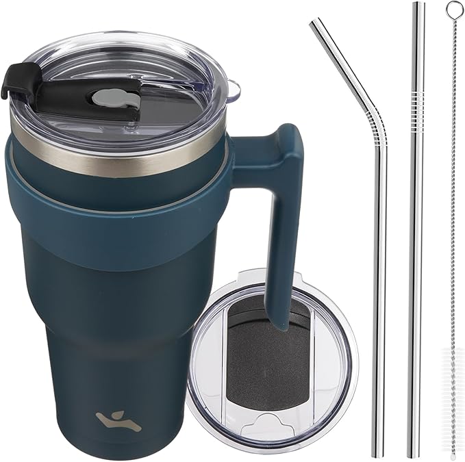 40 oz Tumbler with Handle and 2 Straw 2 Lid, Insulated Water Bottle Stainless Steel Vacuum Cup Reusable Travel Mug, Navy Blue