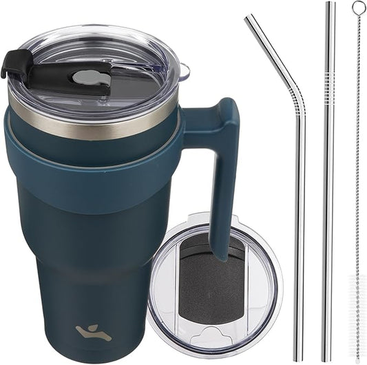 40 oz Tumbler with Handle and 2 Straw 2 Lid, Insulated Water Bottle Stainless Steel Vacuum Cup Reusable Travel Mug, Navy Blue