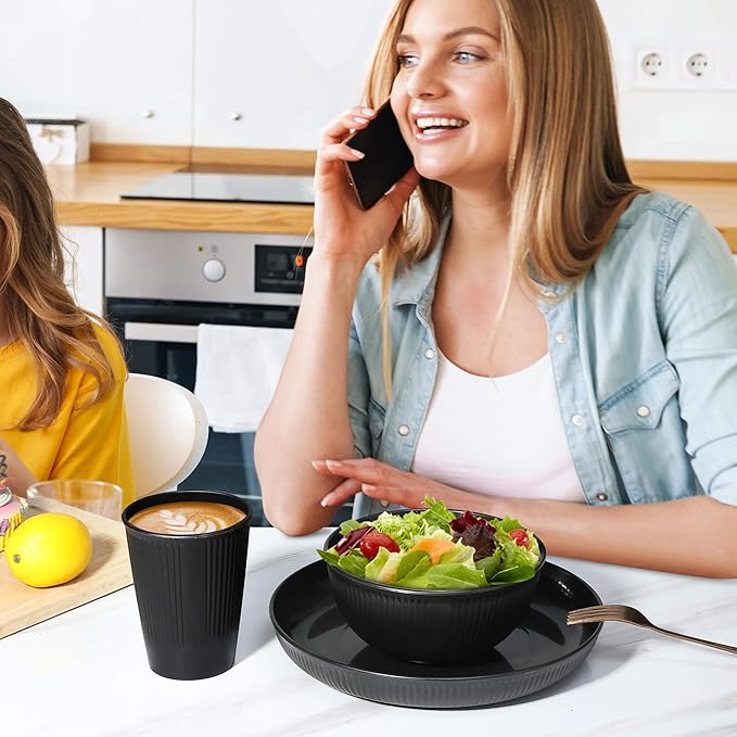 Wheat Straw Dinnerware Sets, Kitchen Unbreakable Wheat Straw Plates and Bowls Sets for College Dorm Apartment Reusable Black