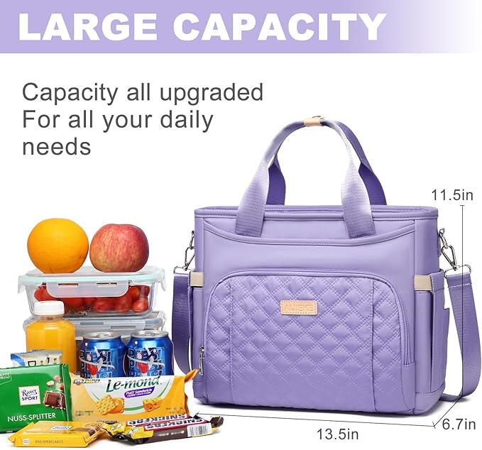 AIJIEKE Insulated Lunch Bag for Women, Lunch Box, Lunch Tote for Work, Large Leak Proof Cooler Bag with Removable Strap, Adult Reusable Lunchbag for Picnic Office Beach, Light Purple