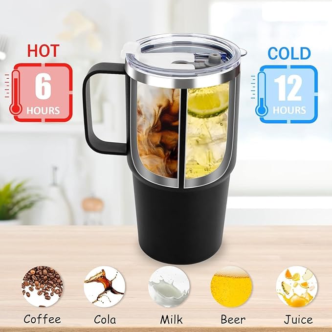 Sursip 24 oz Insulated Cup with Handle, Double Wall Vacuum Stainless Steel Tumbler with Straw and 2 Lids, For Cold/Hot Drinks, Coffee Travel Mug for Car/Home/Office/Party/Camping (Black-1 Pack)