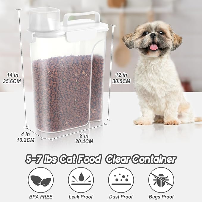 5-7Lbs Dog Cat Food Storage Container with Upgraded Large Nozzle BPA-free, 4 Snap Seals Plastic Pet Food Storage Containers with Handles (1, White, 5L)