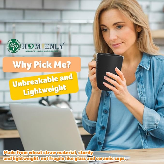 Homienly Drinking Cup Water Tumbler Wheat Straw Cup Set of 8 | Plastic Cups Reusable 16 OZ Drinking Glasses | Unbreakable Stackable Water Tumblers Dishwasher Safe Cup Set for Kitchen - Black