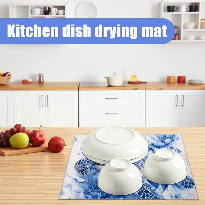 Watercolor Turtle Floral Dish Drying Mat for Kitchen Counter Drying Pad Absorbent Reversible Dish Drainer Rack Mats Draining Pad 18"x24"Inch