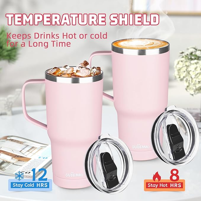 20 oz Insulated Coffee Mug with Ceramic Coating, Stainless Steel Travel Mug Tumbler with Handle Lid and Straw, Double Wall Leak-Proof Coffee Travel Mug Keeps Drink Hot and Cold (Pink)