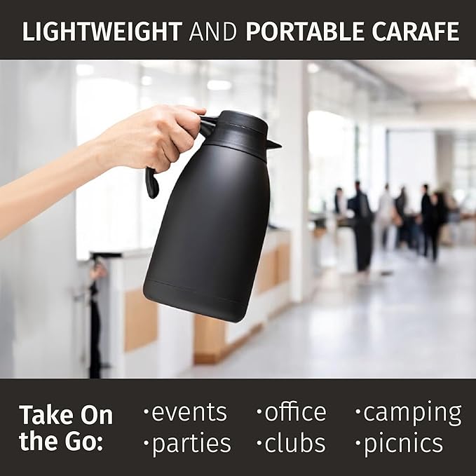 Thermal Coffee Carafe, 68 Oz - Sophisticated Black Stainless Steel, Durable & Easy to Pour, Keeps Drinks Perfectly Hot for 12 Hours & Chilled for 36 Hours, Ideal Coffee Urn for Home, Office, & Parties