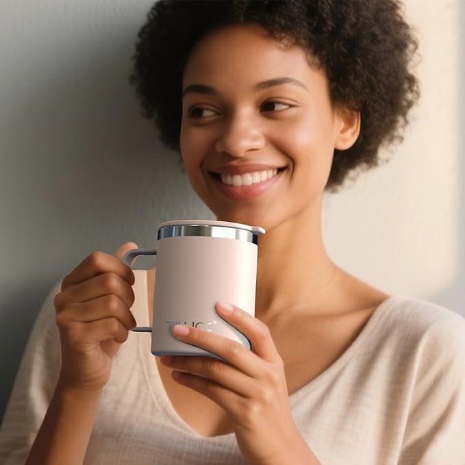 TILUCK 12 oz Insulated Coffee Mug with Lid, Leak-Proof Stainless Steel Travel Mug Cup with Handle for Hot or Cold Drinks(SakuraPink, 12oz)