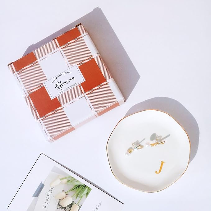 Ceramic Jewelry Tray Initial Ring Dish Personalized J-Monogrammed Engagement Wedding Gifts, for Birthday Mother's Day Christmas for Women, Ceramic White 4.75" (J)