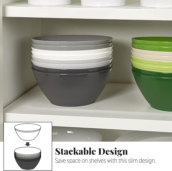 US Acrylic Unbreakable 28 oz. Plastic Stackable Cereal Bowls for Snacks & Ice Cream in Grey Colors (Set of 8) 6-inch Reusable, BPA-Free, Made in the USA, Dishwasher Safe Dinnerware