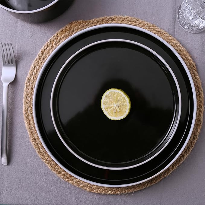 Famiware Nebula Plates and Bowls Sets for 4, 12 Pieces Stoneware Dinnerware Set, Microwave and Dishwasher Safe Dishes Set, Black with White Rim