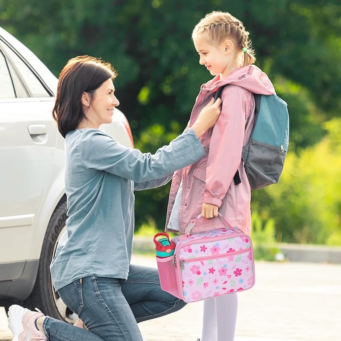 Bagseri Kids Lunch Bag for Girls - Insulated Kids Lunch Box for Daycare and School Reusable Meal Tote Bag with Water Bottle Holder, Easy-Clean Water-Resistant Fabric, Pink Floral