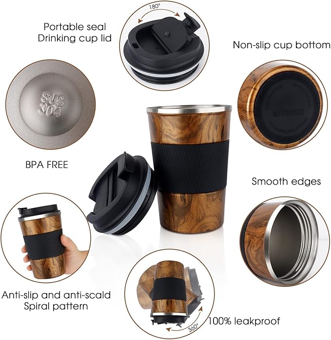 KETIEE Travel Mug, 12oz Insulated Coffee Cup with Leakproof Lid, Vacuum Stainless Steel Double-Wall Travel Coffee Mug Spill Proof, Reusable Tumbler for Men and Women for Hot & Cold Drinks