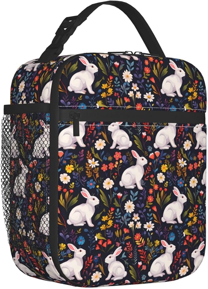 Reusable White Rabbit Lunch Box for Kids Girls Boys Women Adult, Insulated Cute Animal Lunch Bag,Polyester Cooler Handbags Case for School Picnic Work Travel Beach or Hiking (Dark)