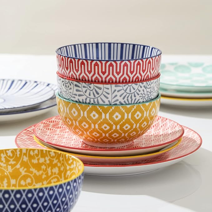 Selamica Ceramic Dinnerware Sets for 6, 24 Piece Plates and Bowls Sets, Scratch Resistant Dishes Set-Dishwasher & Microwave & Oven Safe, Assorted Colors A