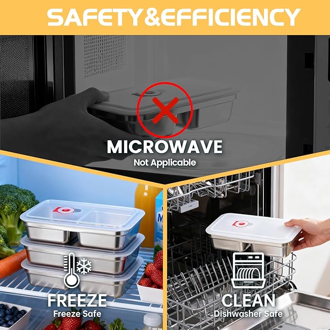 4 Pack Reusable Stainless Steel Snack Containers with Lids, Double Compartment Grab and Go Snack Food Storage Durable Portable for Adults Travel and Outdoor Camping Lunch Snack Boxes