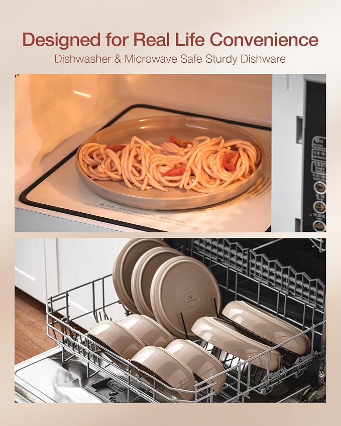 Famiware Milkyway Dinnerware Set with Mugs, Service for 4 (16pcs), Ribbed Stoneware Plates and Bowls Dishes Sets - Chip & Scratch Resistant, Microwave & Dishwasher Safe, Cinnamon Brown