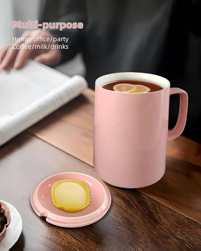 33 Ounce Coffee Mug, Extra Large Super Ceramic Mugs with Lid and Handle, Oversized Cups Big Tea Cup for Office and Home (Pink)