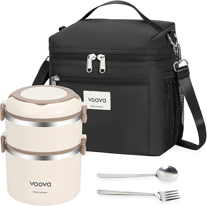 Voova Stackable Stainless Steel Thermal Lunch Box with Lunch Bag for Women Men Adult, 2 Tier Leakproof & Microwave Safe Insulated Bento Boxes Food Container for Work School, Black
