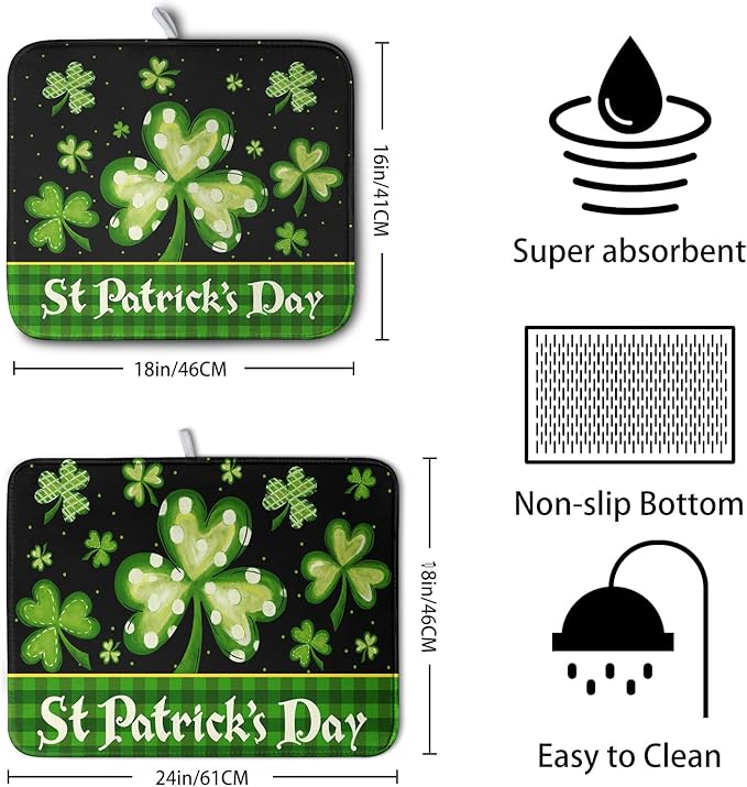 St Patrick's Day Dish Drying Mats for Kitchen Counter 16x18 Inch Lucky Clovers Shamrock Green Buffalo Plaid Drying Mat Microfiber Absorbent Dish Drying Pad Dish Drainer Rack Mats for Kitchen Sink