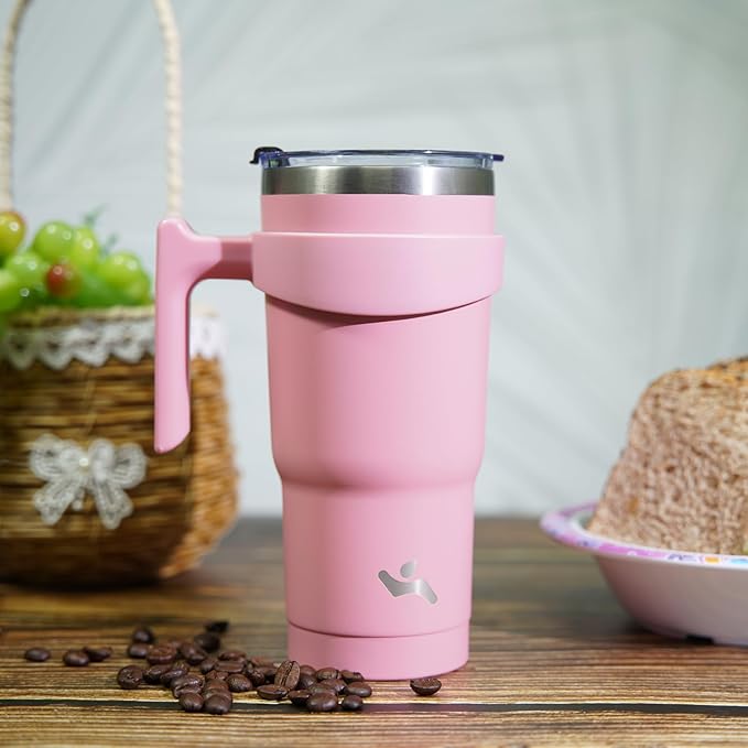 20 oz Tumbler with Handle and 2 Straw 2 Lid, Insulated Water Bottle Stainless Steel Vacuum Cup Reusable Travel Mug, Light Pink