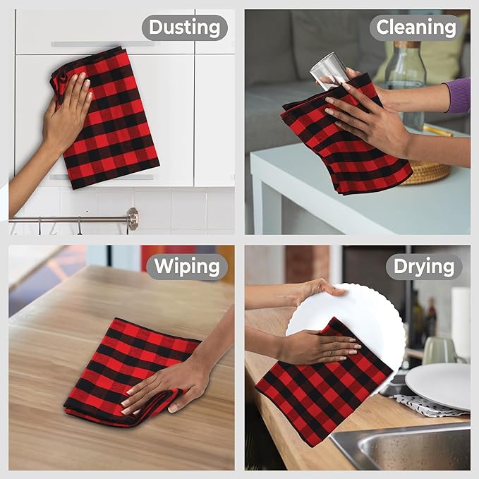 Urban Villa Buffalo Checks Kitchen Towels Set of 6 - Red/Black - 20x30 Inches - 100% Cotton - Highly Absorbent - Premium Quality - Ultra Soft - Mitered Corners