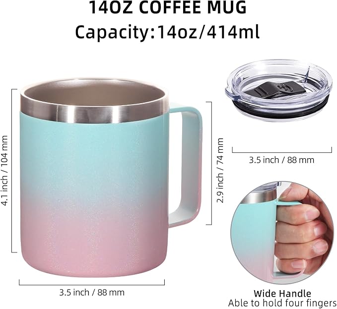 Volhoply 14oz Insulated Stainless Steel Coffee Mug with Lid Bulk 2 Pack,Double Wall Vacuum Travel Coffee Cup with Handle,Reusable Cups Tumbler,Camping Mugs Keep Hot,Ideal Gifts(Green Pink,2)