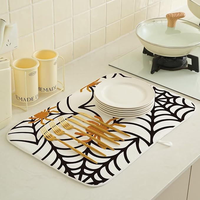 Spider Web Dish Drying Mat 18 x 24 inch Halloween Holiday Themed Decorative Drying Mats Microfiber Absorbent Dish Washable Draining Mat for Kitchen Counter Decor