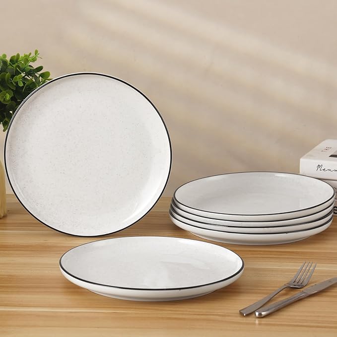 Ceramic White Dinner Plates Set of 6, 10.5 Inch Plates for Kitchen, Microwave Oven and Dishwasher Safe, Modern Dishes Set for Pasta,Steak, Dessert, Salad