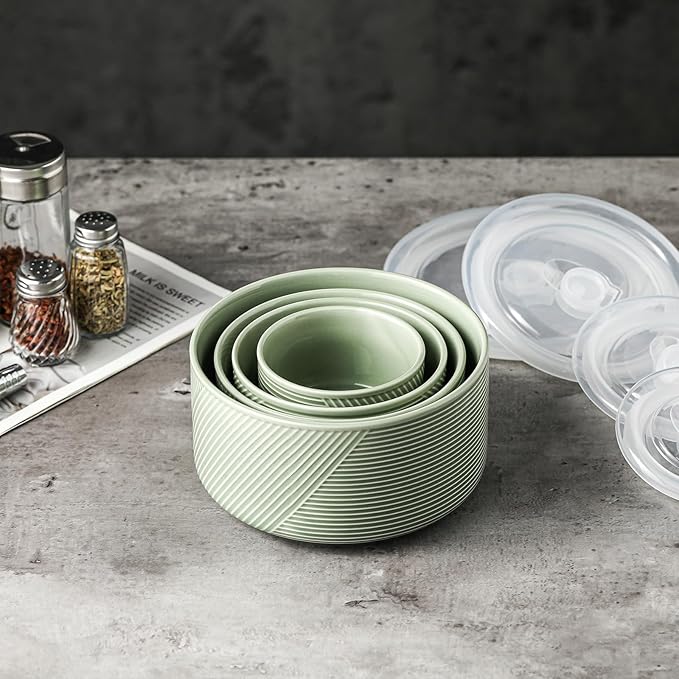 Ceramic Nesting Bowls with Lids: Mixing Bowls with Lids - Porcelain Food Storage Containers For Prep and Serving, Microwavable Kitchen Bowl Set of 4, 50/32/20/10 oz (Green)