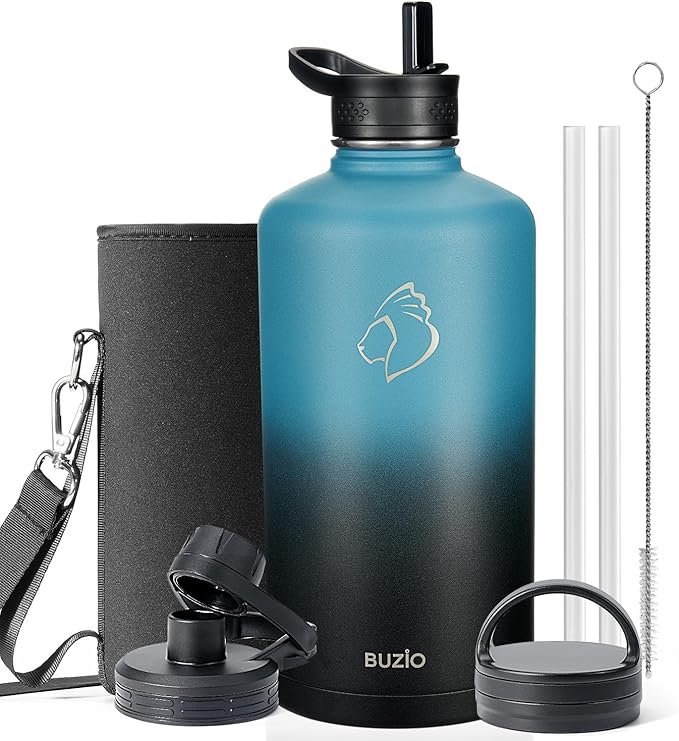 BUZIO Gallon Water Bottle Insulated with straw and 3 lids, 128 oz Water Jug Large Vacuum Stainless Steel Metal Flask, Leak Proof & BPA-Free, Cold for 48 Hrs, Indigo Crush