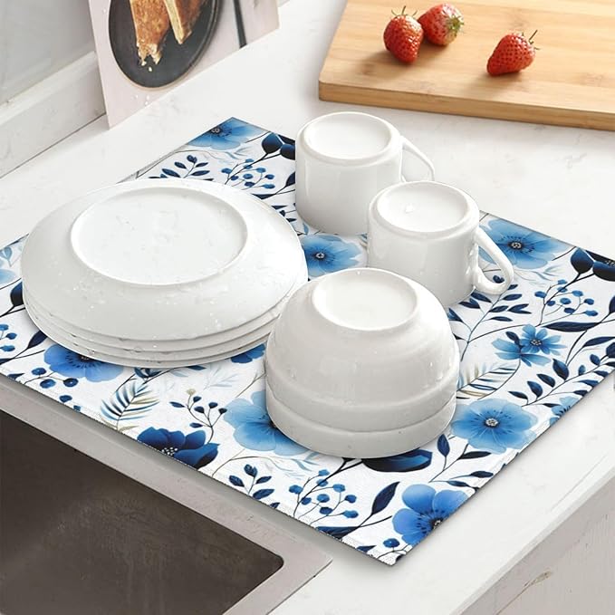 Blue White Floral Watercolor Dish Drying Mats, Absorbent Boho Blue Decorative Kitchen Counter Mat, 16" x 18", Polyester, Absorption, Foldable, for Kitchen Dishes Drainers, Small Appliances, Home Decor