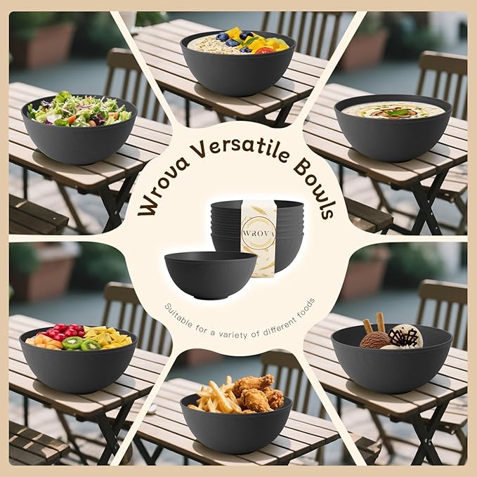 Wrova Black Cereal Bowls 40oz for Cereal Lover,Unbreakable Alternative Plastic Bowls Set of 6,Extra Thick Anti-Scald Bowl Sets suitable for Salad,Soup and Fruit.